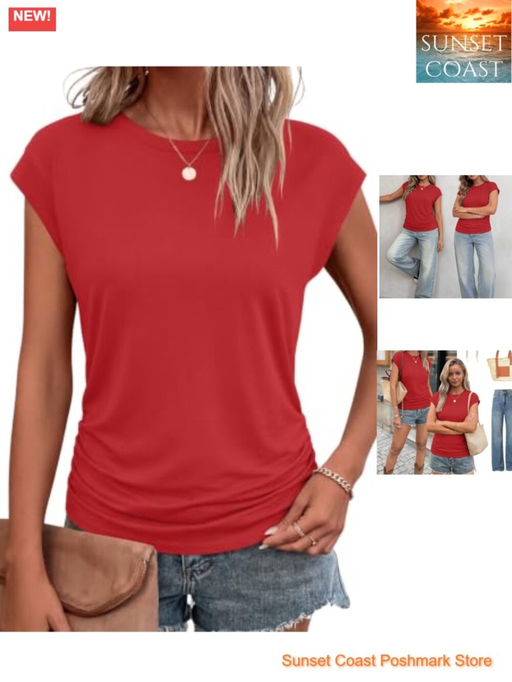 Womens Summer Tops Cap Sleeve Crew Neck Casual T Shirt Loose Fit